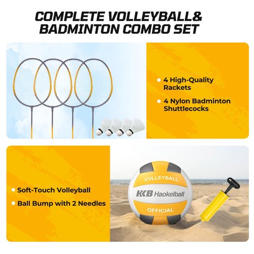 Haokelball Badminton Volleyball Net Set Combo – Adjustable Width 20-32ft & Height, with Rackets, Shuttlecocks, Volleyball, Boundary Line, Carry Bag – Badminton Sets for Backyards, Outdoor, Grass, lawn