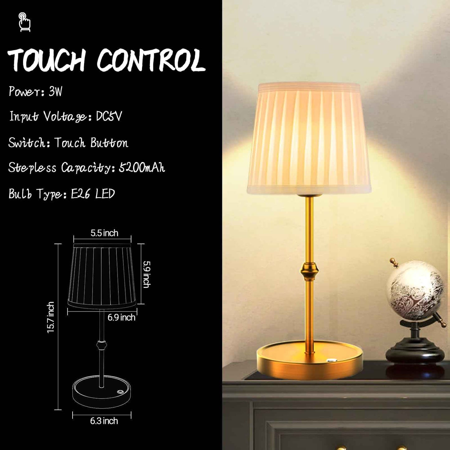 LETSTRY 5200mAh Cordless LED Table Lamp,3-Level Brightness, Rechargeable Battery, Touch Dimmable Wireless Ambient Lamp for Reading Room,Dining Room,Bedroom,Office,Camping,Restaurant,Antique Brass