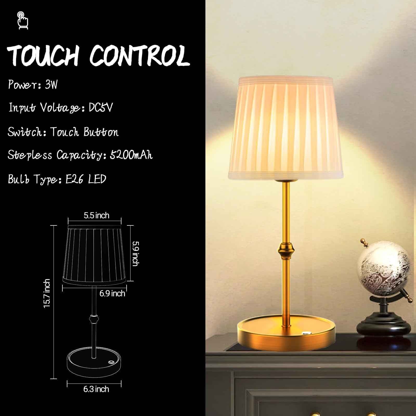 LETSTRY 5200mAh Cordless LED Table Lamp,3-Level Brightness, Rechargeable Battery, Touch Dimmable Wireless Ambient Lamp for Reading Room,Dining Room,Bedroom,Office,Camping,Restaurant,Antique Brass