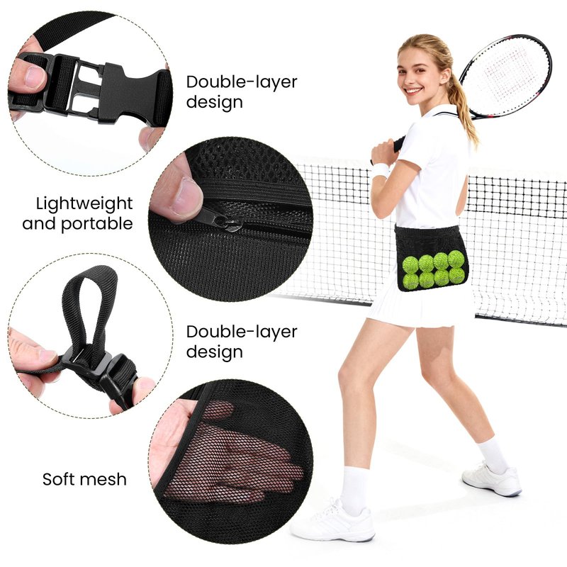 Alrhso Tennis Ball Waist Bag Tennis Ball Holder Waist Mesh Pickleball Bag Holder Carrier Adjustable Belt Holders for Pickleball with Waistband Clips for Training, Black