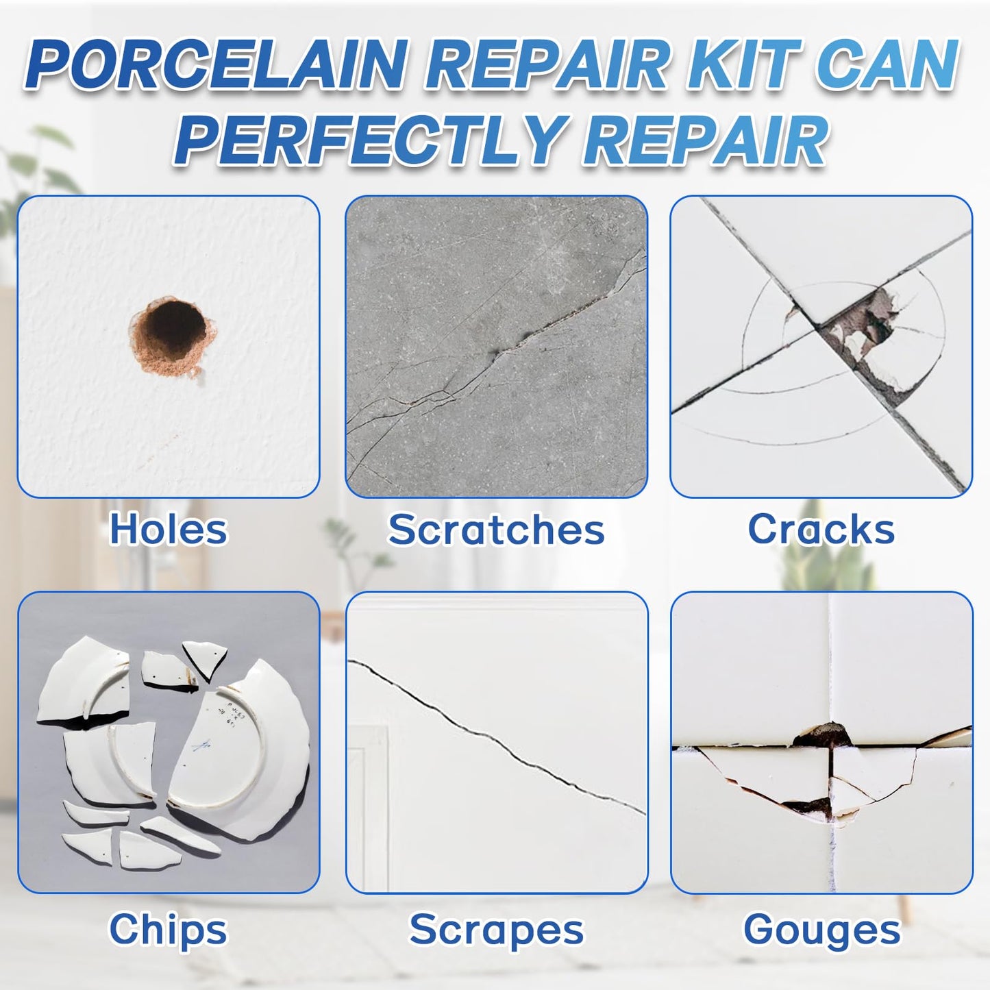 Porcelain Repair Kit, White Tile and Bathtub Fiberglass Repair Kit for Any Cracks Chips, Quickly Repair Resin, Ceramic, Marble Shower Sink, Acrylic Quartz Countertop