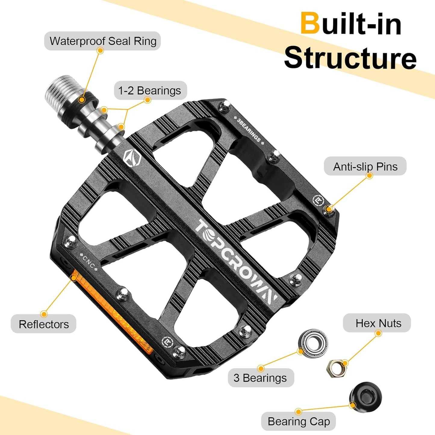 Topcrown Mountain Bike Pedals - Aluminum Flat Pedals with Reflectors & Non-Slip Design | 9/16" Size, 3 Sealed Bearings