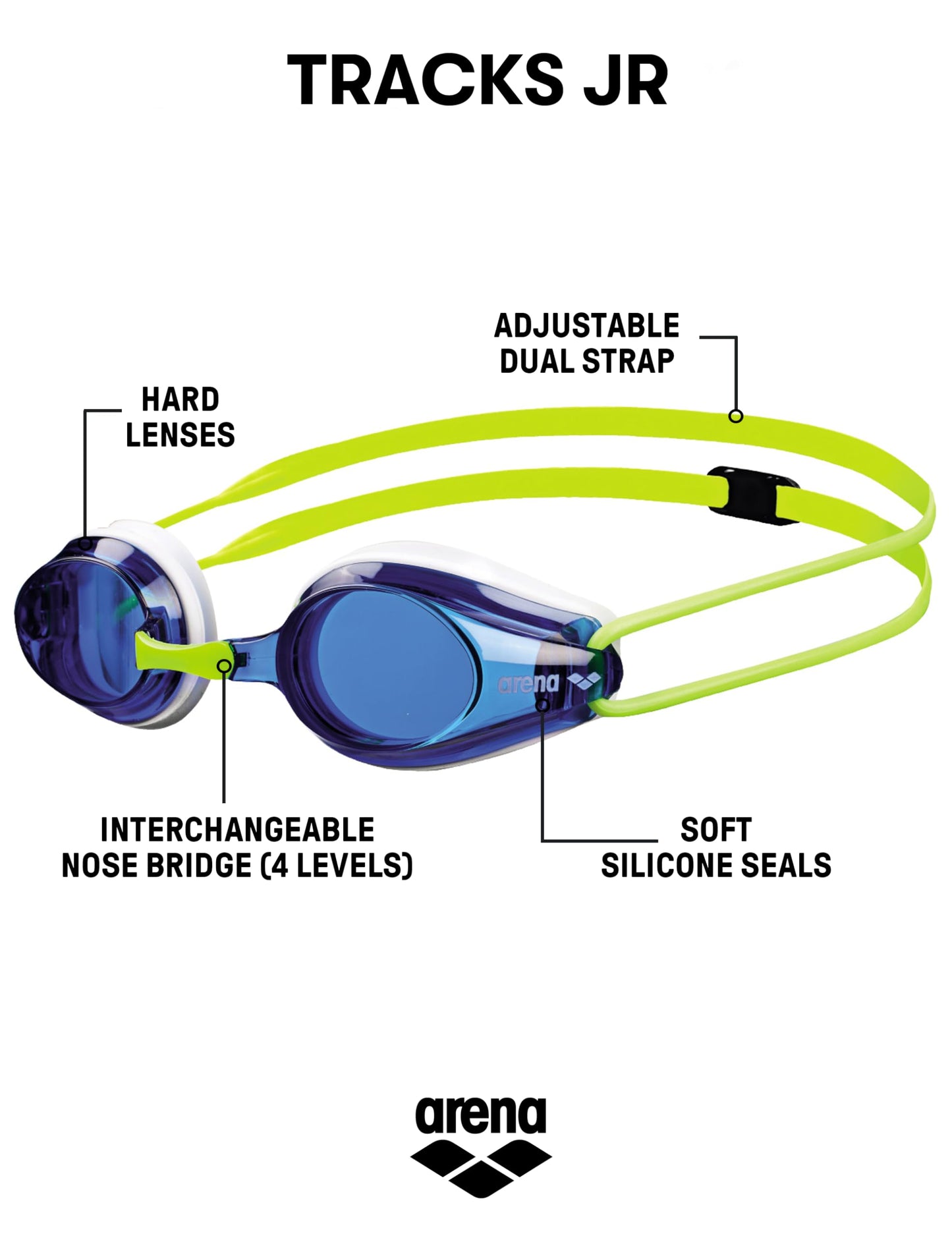 ARENA Tracks Unisex Junior Youth Essential Racing Swim Goggles Kids Swimmers Young Racers Anti-Fog Coated Non-Mirror Lens, Blue/White/Fluo Yellow