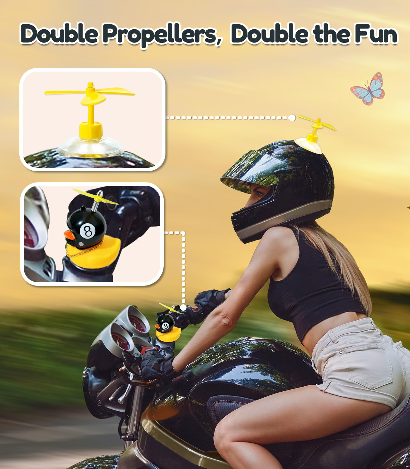 EMPATHECH Rubber Duck Bike Decorations Stable Clamp Mount Cute Duck Bike Bell Two Helmet Propeller Bike Accessories e Scooter Accessories Motorcycle Accessories Cycling Gifts Black Shark