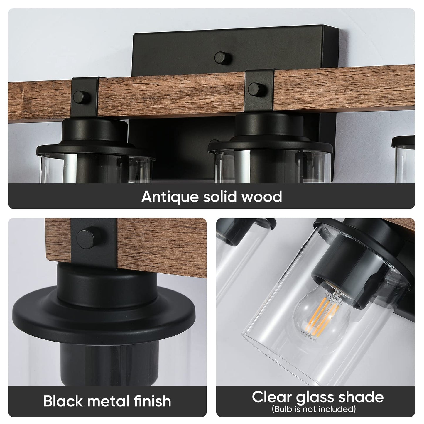 GZBtech 4-Light Wood Vanity Light Fixture Over Mirror, Farmhouse Rustic Wall Light with Clear Glass & Black Matte Metal for Bathroom Living Room, Hallway