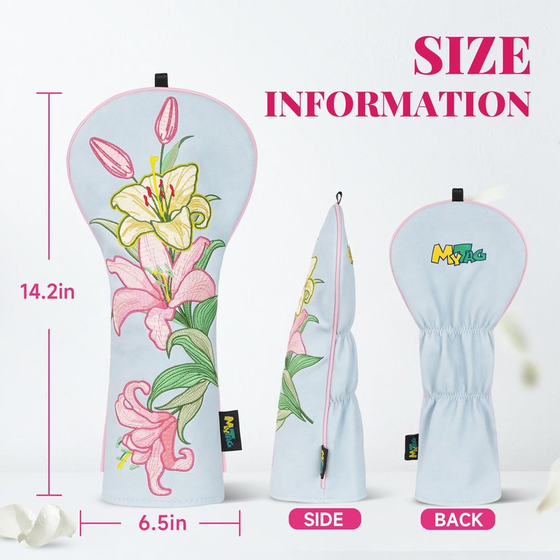 mytag Lily Driver Headcover Heavy Embroidery, Cute Golf Driver Head Cover Fits 460CC Head, Headcover for Girl Women, Light Blue