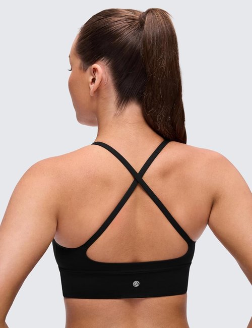 CRZ YOGA Butterluxe V Neck Longline Sports Bra - Padded Spaghetti Straps | Women's Yoga Crop Top