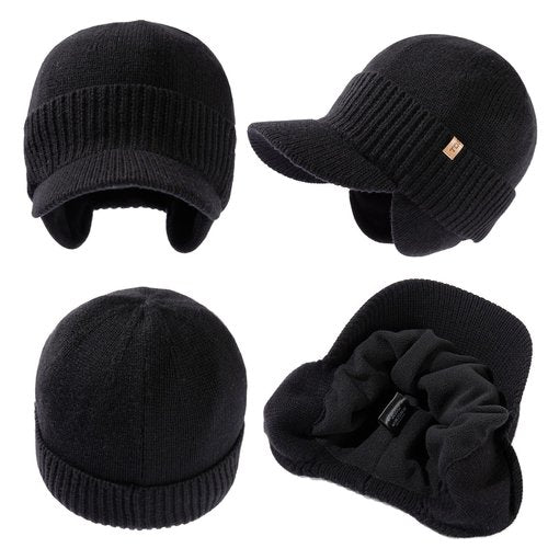 TOP-EX Waterproof Merino Wool Visor Brimed Beanie with Ear Warmers Mens Large Winter Hat Warm Fleece Lined for Cold Weather Ski Black M/L