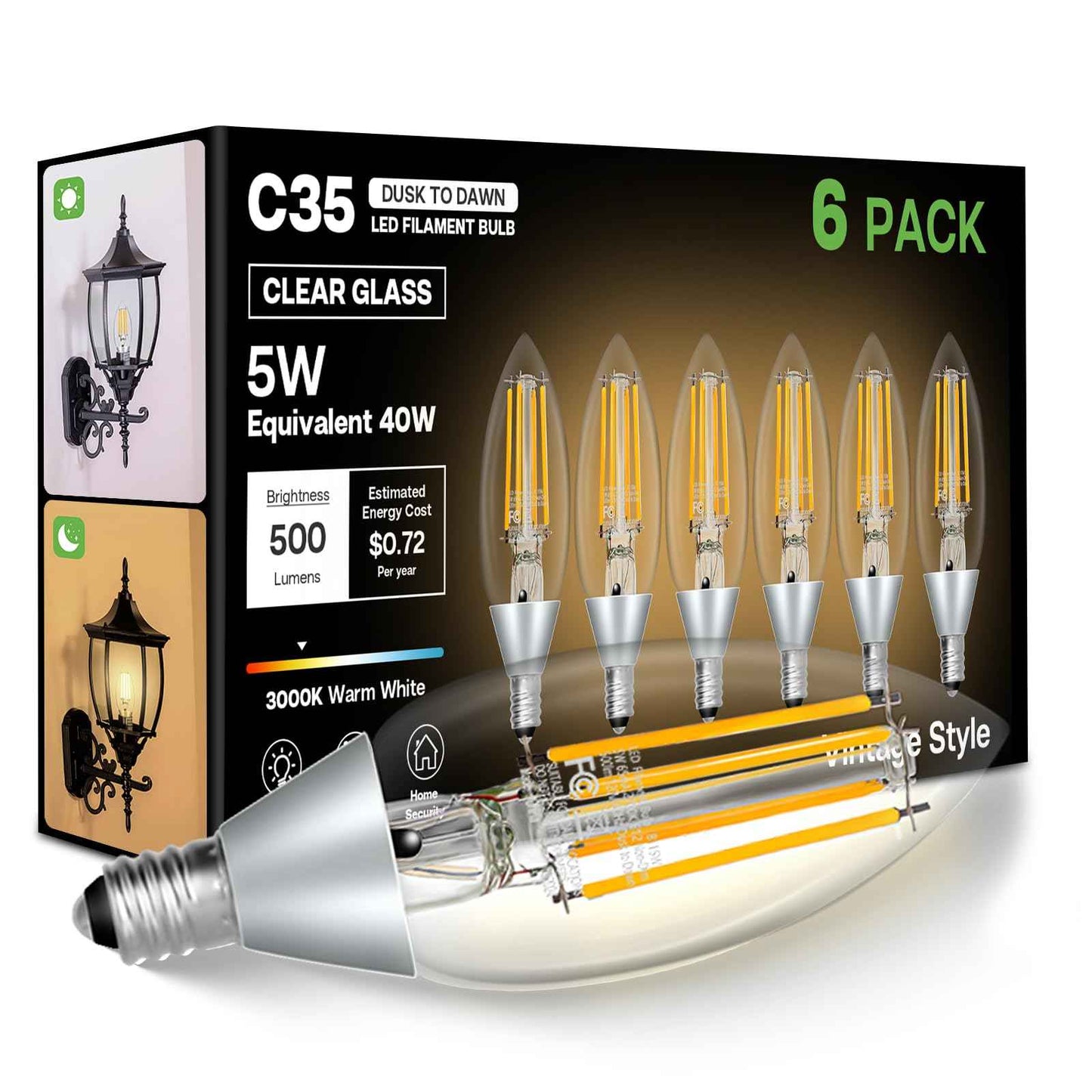 Eastiya Dusk to Dawn Light Bulbs Outdoor: 5W Equivalent 40W, Candelabra B11 Light Bulb, 3000K Warm White, Edison LED Bulbs E12 Base, Lighting Sensor, Auto On/Off for Porch Patio Garage, 6 Pack