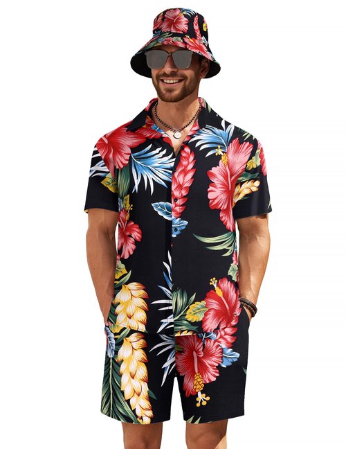 COOFANDY Men's Hawaiian Short Sleeve Sets Beach Outfits Rave 2 Piece Shirt Suits with Hats