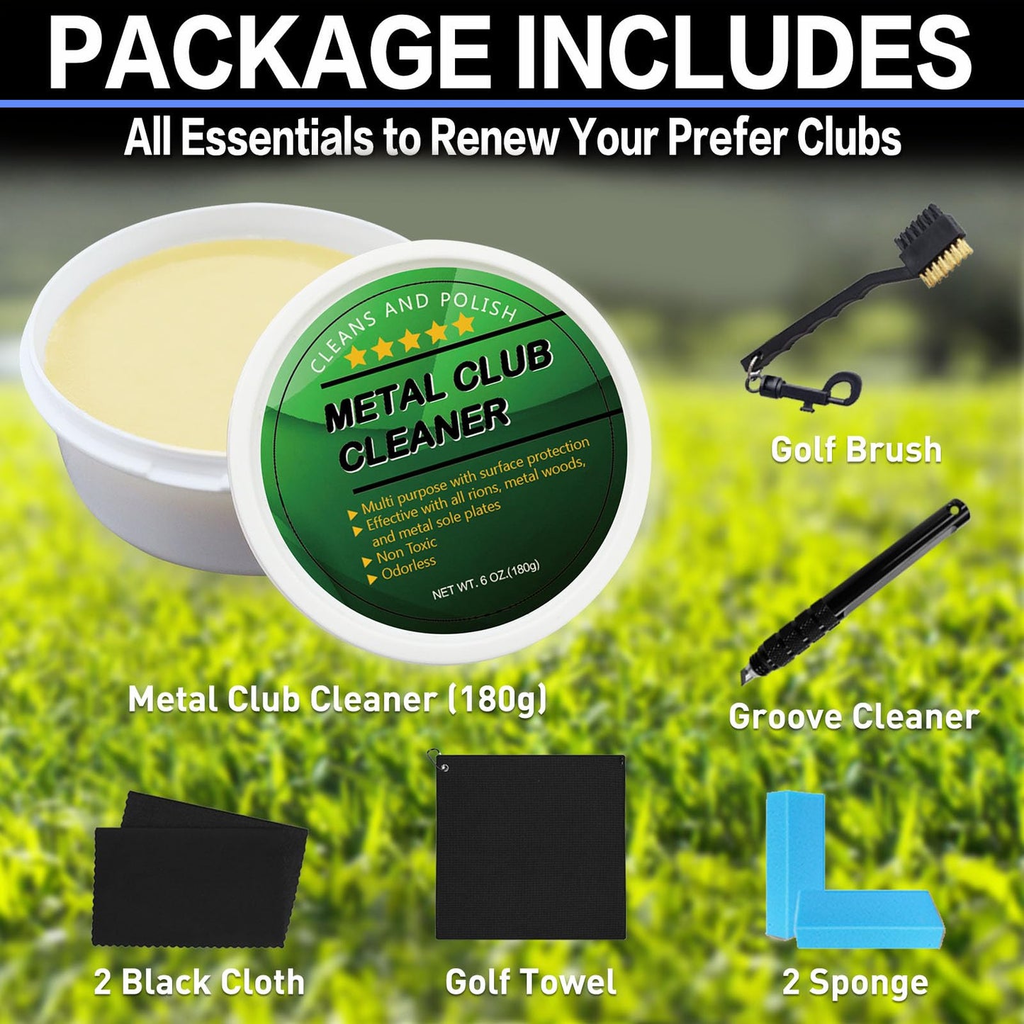 FINGER TEN Golf Iron Polishing Kit Club Cleaner Polish Cleaning Solution Golf Club Care Set Golf Brush Cleaner Sponge Value Pack (Club Cleaner 8 Set)