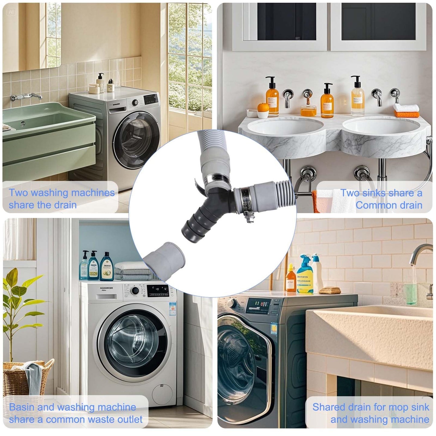 2 Pack Universal Washing Machine Drain Hose Y-Shaped Reducer - Fitting, Hose Splitter, Plastic Connector for Split Pipe Connection, Three-Way Adapter with Hose Clamps for Bathroom and Kitchen Use