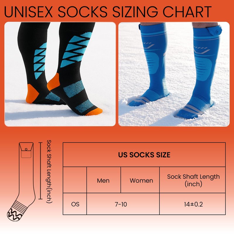 SURGOAL 2 Pairs Heated Socks, 15-Hour Runtime & 145°F Heating, Merino Wool Ski Socks with 2×8500mAh Rechargeable Electric Battery, APP-Controlled Men Women Hunting, Camping (Blue-Orange, OS)