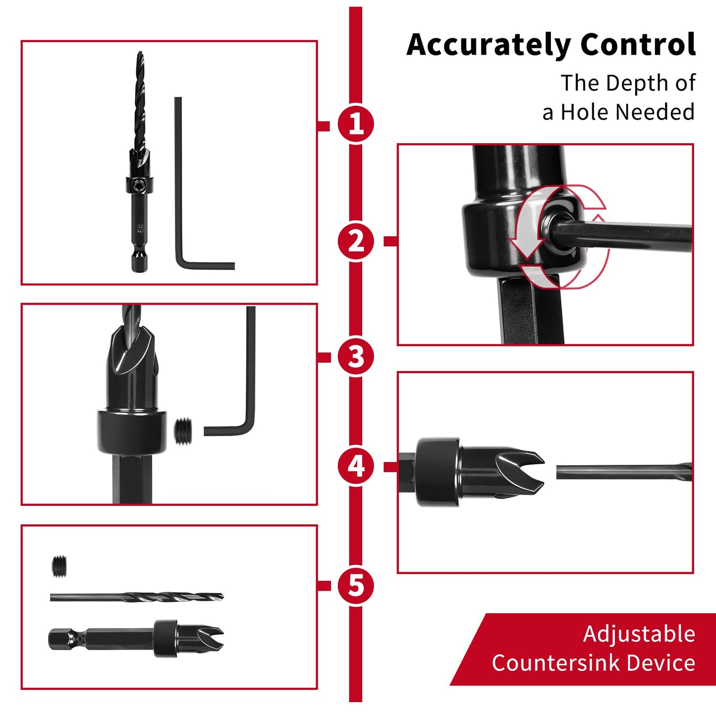 Countersink Drill Bit Set, 15 PCS Adjustable Tapered HSS Drill Bit Set for Woodworking, with Nitrided Surface, Wood Plug Cutters 1/4" Hex Shank Quick Change, for Wood Drilling with Storage Box