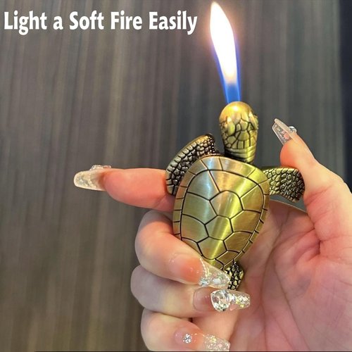 Turtle Torch Lighter - Soft Flame, Refillable Butane Adjustable Flame Lighter, Cute Tortoise Design, Unique Decorative Piece, for Men & Women(Gas Not Included)-Bronze