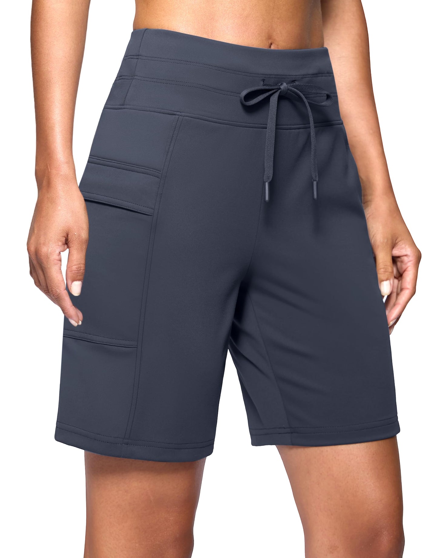 G Gradual Women's 7" Athletic Hiking Long Shorts with Side Pockets High Waisted Stretchy Bermuda Shorts for Women Workout Casual (Dusty Blue, XL)