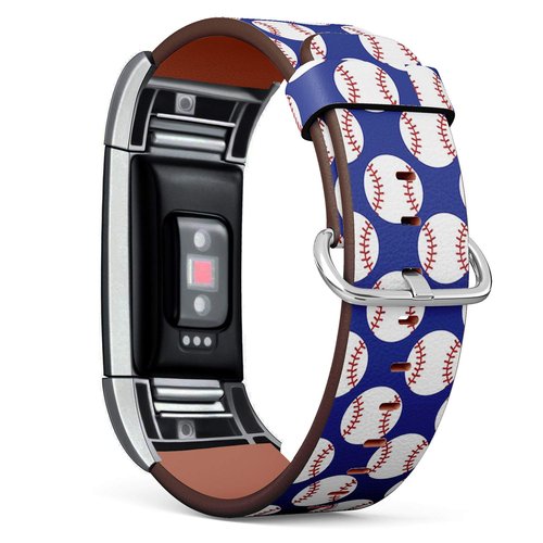 Compatible with Fitbit Charge 2 - Leather Watch Wrist Band Strap Bracelet with Stainless Steel Clasp and Adapters (Baseball)