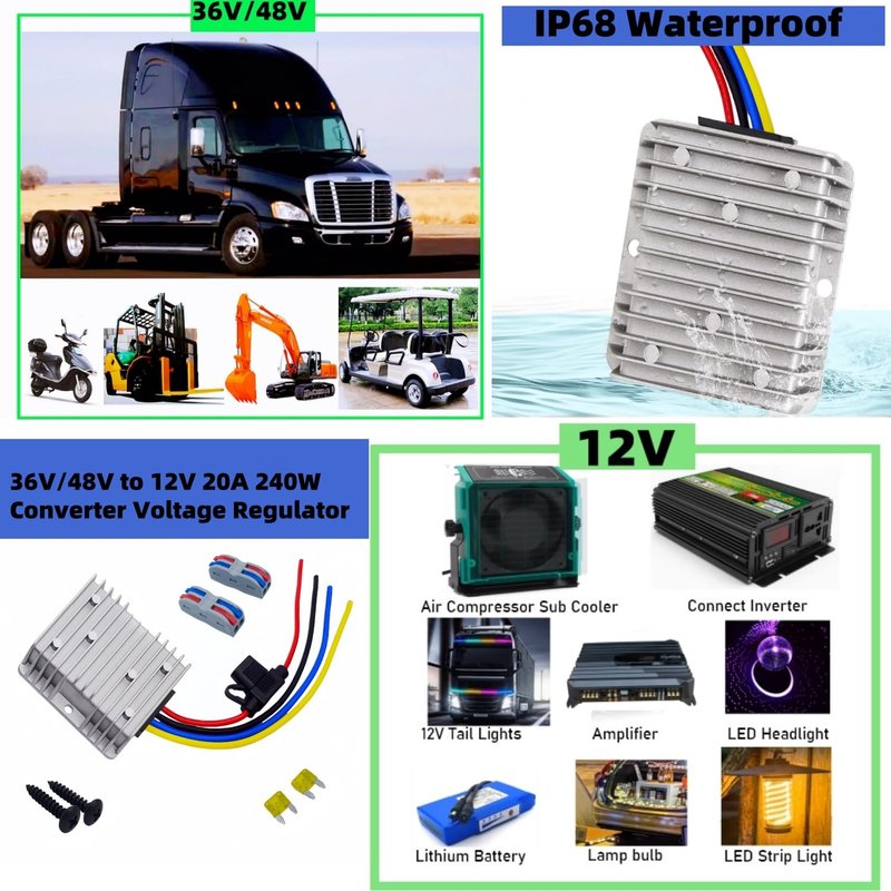 DC to DC Converter 48V to 12V 20A 240W - Golf Cart Voltage Regulator Step Down Converter Waterproof for Golf Carts Trucks LED Lights (Heavy Duty with Fuse)