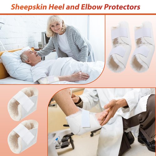 TrelaCo 4 Pcs Heel and Elbow Protector Medium Sheepskin Heel Arm Cushions Pads Adjustable Elbow Protectors for Elderly Pressure Sore Bed Ulcers Pain Relief