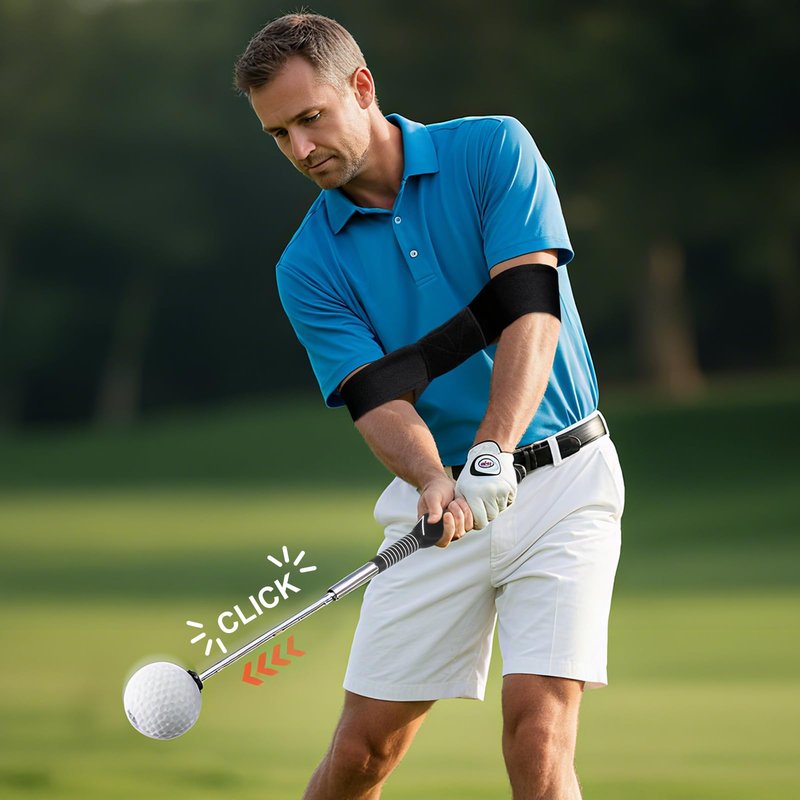 5-in-1 Retractable Golf Swing Training Aid, Indoor & Outdoor Practice Golf Swing Trainer with Arm Band Right/Left-Handed Swing Mechanics for Beginners & Tempo Training for Advanced, Click Feedback