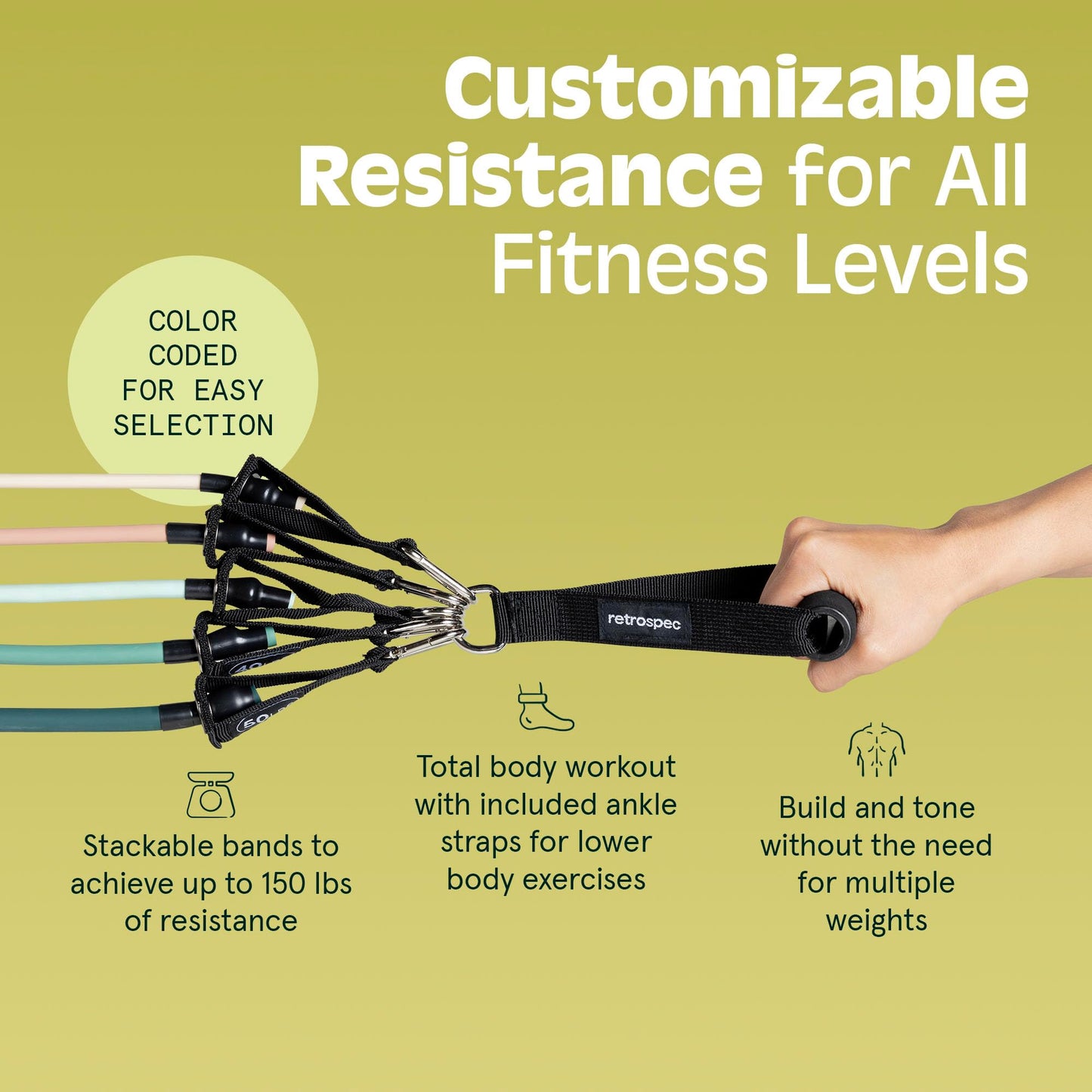 Retrospec Train Resistance Bands Set (5pc) Workout Bands w/Handles, Door Anchor, Carry Bag for Women & Men, Cactus