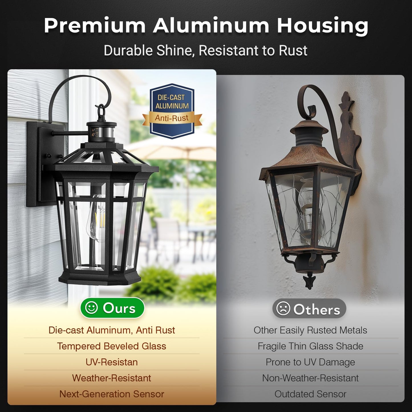 VIANIS Motion Sensor Outdoor Light fixtures Wall Mount, Large Anti-Rust Aluminum Outdoor Lantern, Black Waterproof Outside Wall Sconce for House, Modern Dusk to Dawn Exterior Lighting for Garage