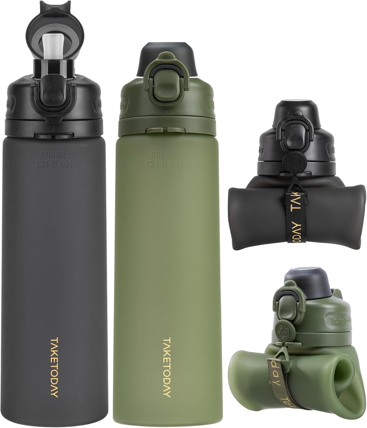 TakeToday Collapsible Water Bottle - 21oz Foldable Platinum Silicone with Straw & Carry Strap | BPA-Free, Leak-Resistant for Travel