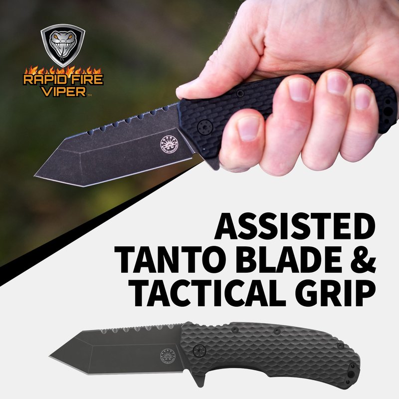 Off-Grid Knives - Rapid Fire Viper, Assisted Tanto Blade, Hard Use Build, Tactical, Camping & Survival EDC, Cryo D2 Steel, Blackwash, G10 Scales, Deep Pocket Carry (Blackout)