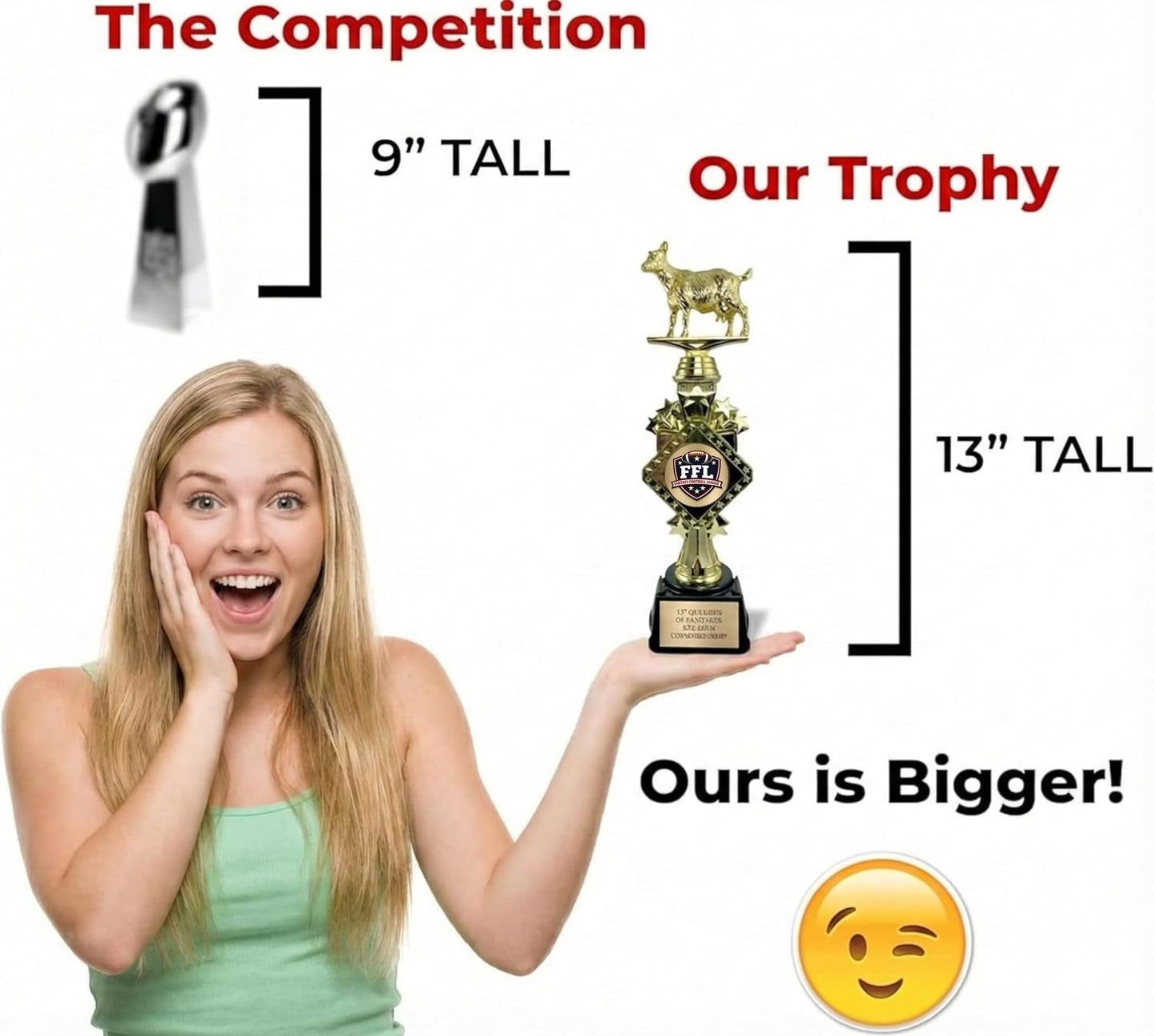 Customizable Fantasy Football Trophy, 13" Tall Gold Goat Trophy Award