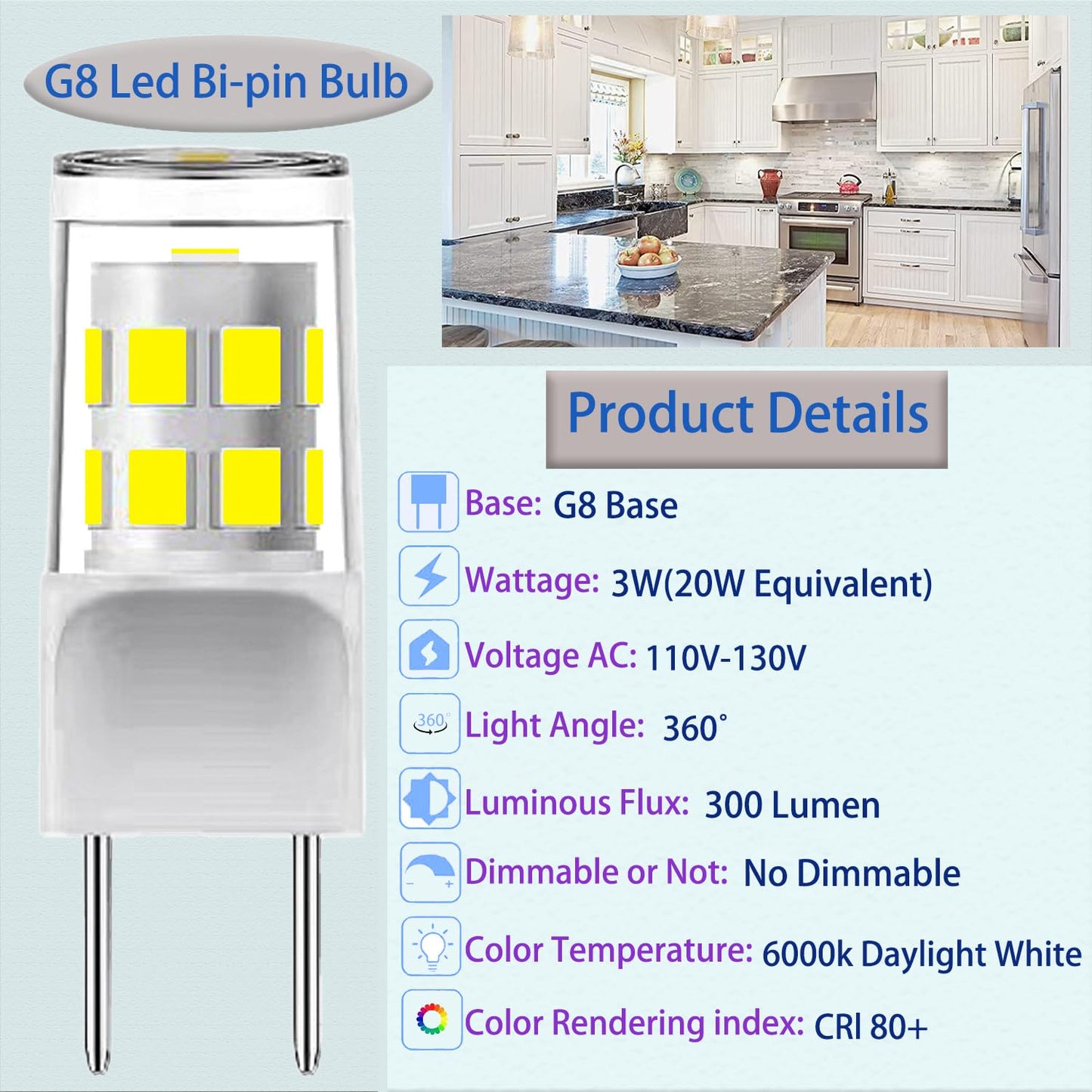 G8 Led Bulb,T4 3W Replacement for 20-25W Halogen Bulb,Daylight White 6000K,GY8.6 JCD Type Bi-Pin Base,120V,Puck Light Bulb,for GE Microwave Light,Under Cabinet, Under Counter Kitchen Lighting(5Pack)
