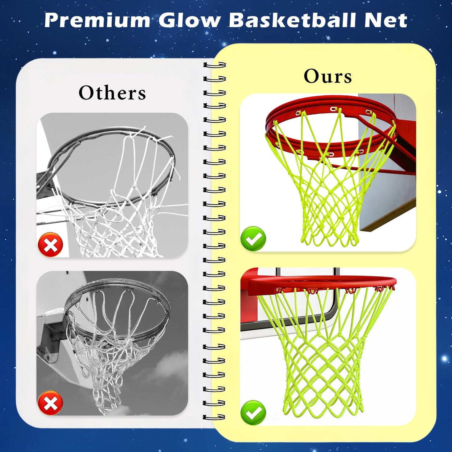 Nightlight Basketball Net, Luminous Outdoor Portable Sun Powered Sport Nylon for Pool Beach Backyard, Anti Whip