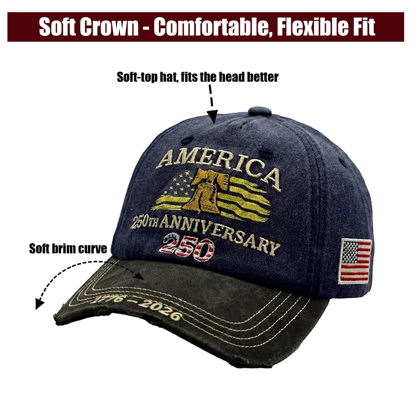 permabloom 250th US 1776-2026 Anniversary Cap, Embroidered Adjustable Patriotic Baseball Hat for 4th of July Independence Day (Navy Blue)
