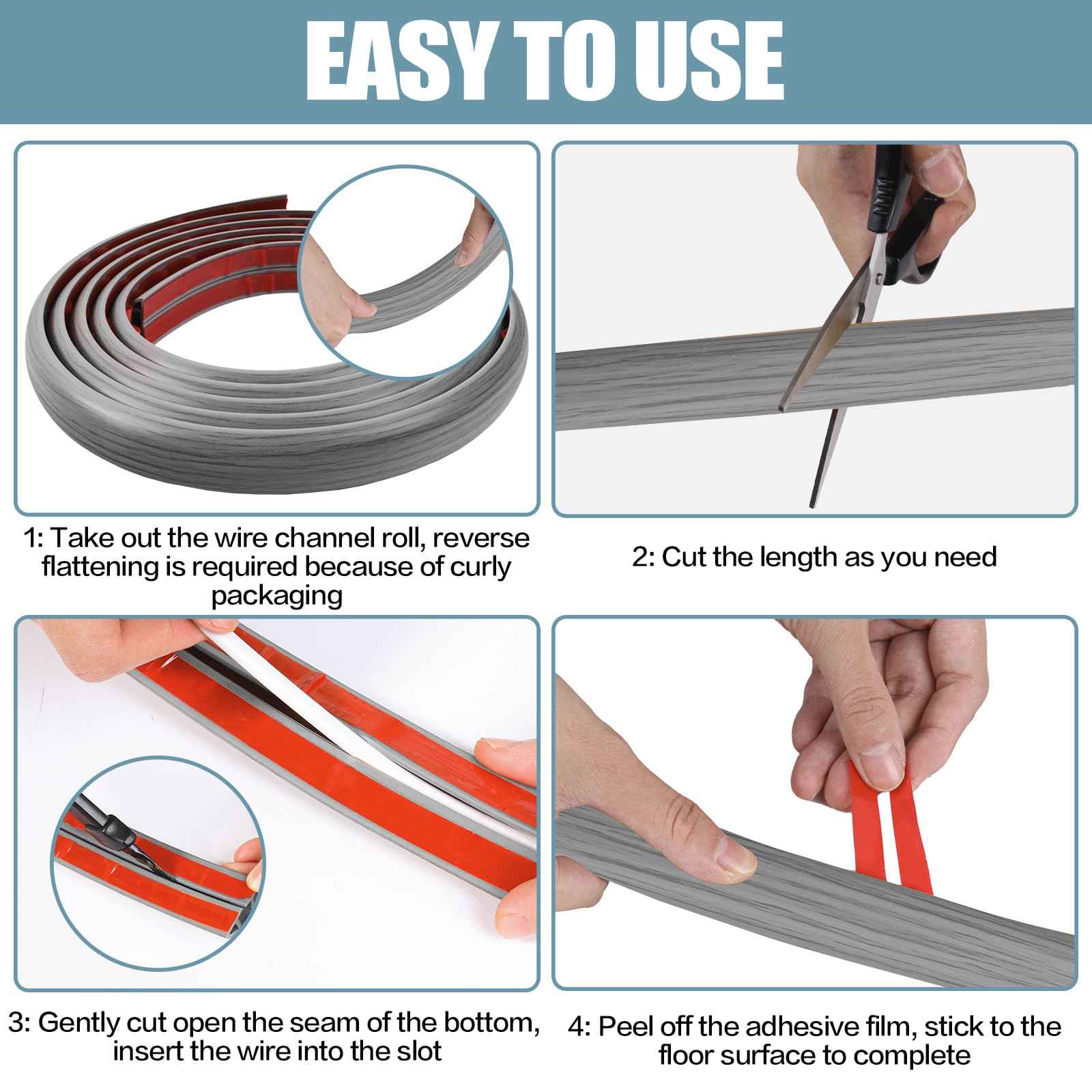 Floor Cord Cover Self Adhesive Cord Hider,10FT Cable Management, Extension Strip Protector for Wires, Prevent Cable Trips for Offices, Gyms, Exhibitions Cavity:0.51"(W) x 0.3"(H) Gray Wood