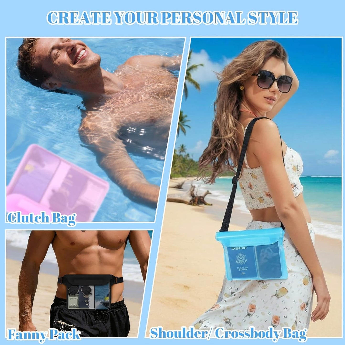 Tallew Waterproof Fanny Pack - 6 Pcs Lightweight Dry Bag with Waist Strap for Beach & Water Activities | Multicolor