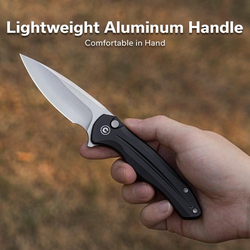 CIVIVI Kitefin EDC Pocket Knife, 3.22“ 14C28N Drop Point Blade Folding Knife, Aluminum Handle with Reversible Clip for Camping Hiking Hunting C24091-1, Black