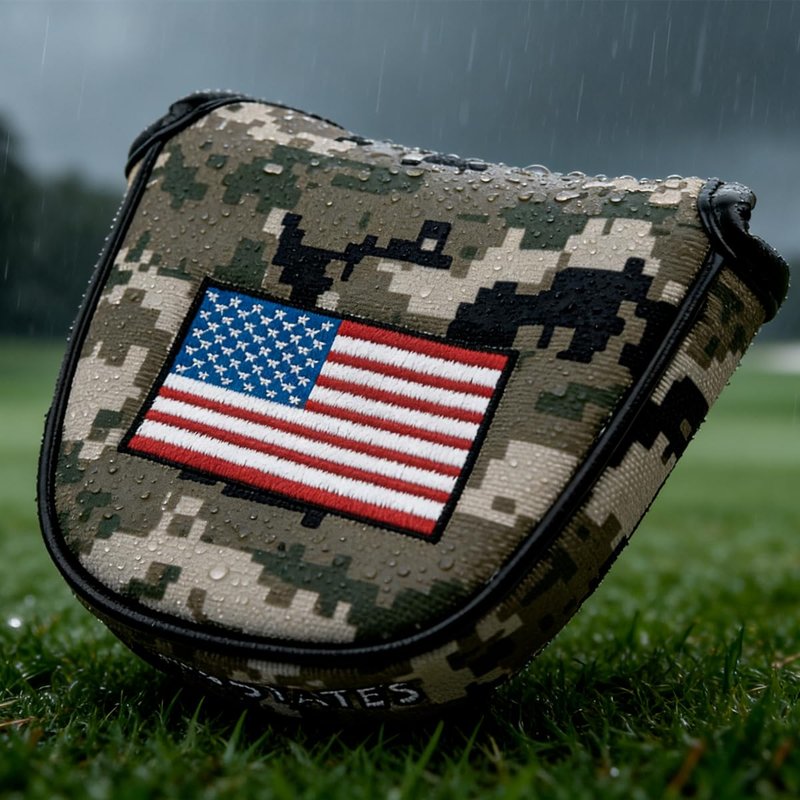 GOOACTION Camo Golf Mallet Putter Head Cover - Magnetic Closure Camouflage Green & USA Flag Design Waterproof PU Leather Protector for Mallet Clubs