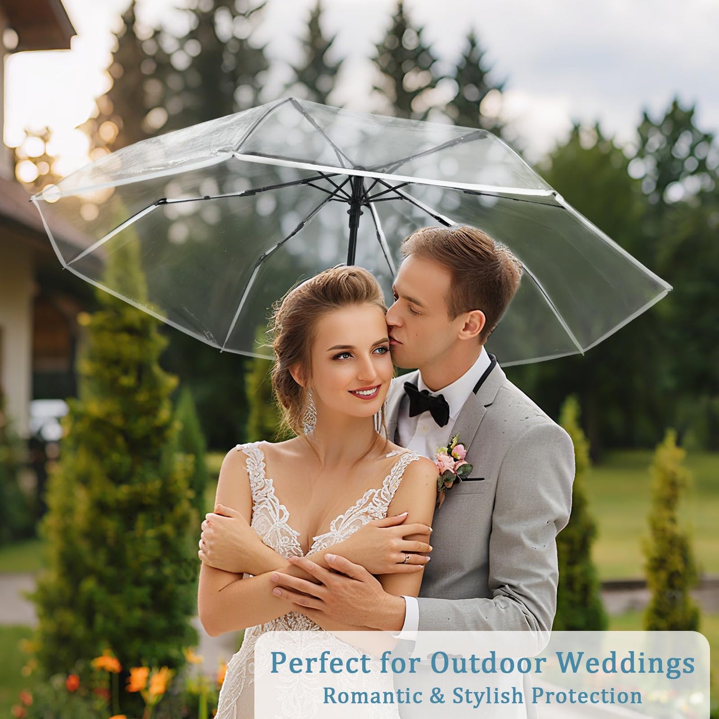Succwoah 10 Pcs Clear Wedding Umbrellas, Portable Auto Open Close Transparent Design, Durable High-Visibility Folding Rain Umbrellas for Photography, Party, Travel, Golf, Outdoor Events