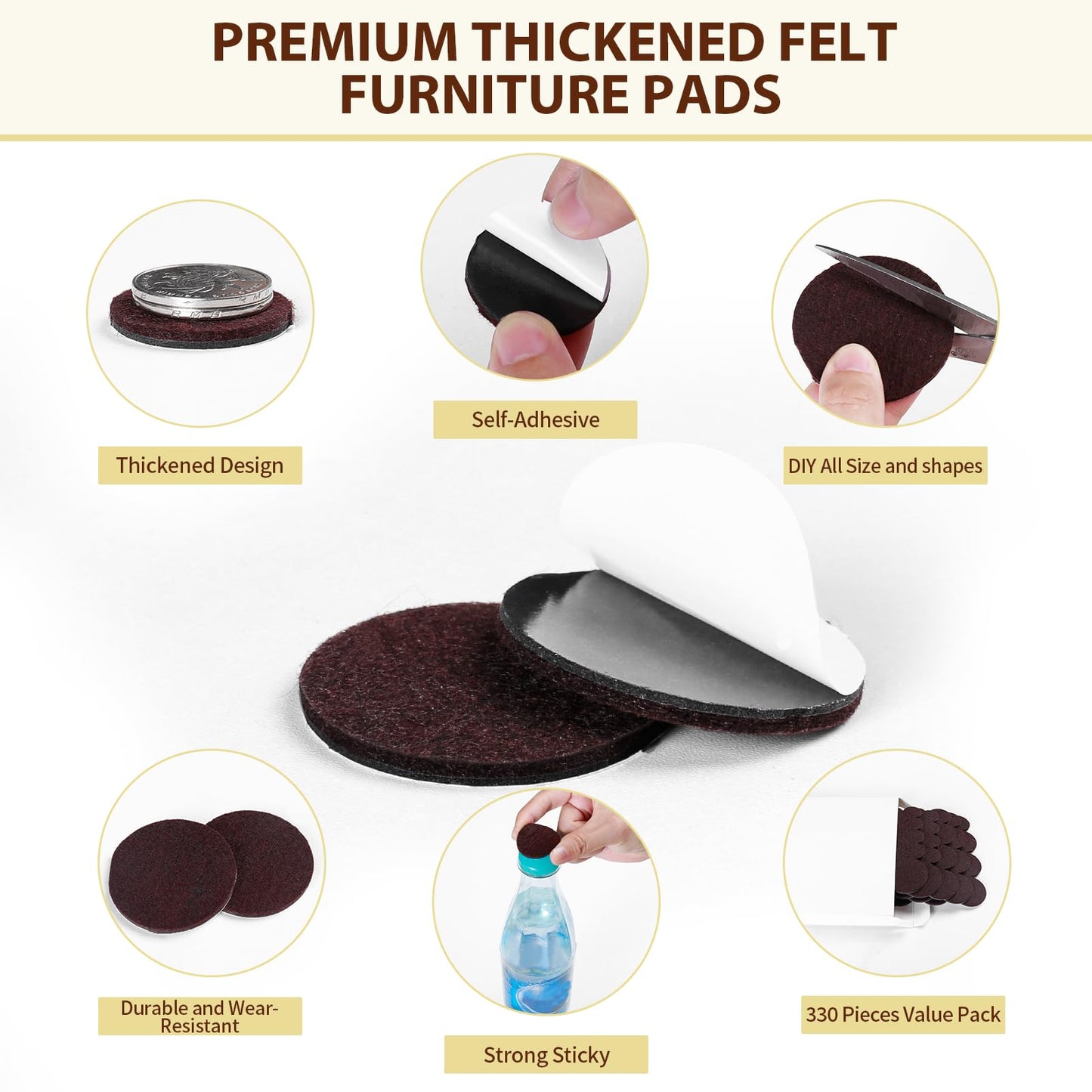 Ezprotekt 330 Pcs Felt Furniture Pads for Hardwoods Floors, Self Adhesive Cuttable Chair Felt Pads, Anti-Scratch Furniture Feet Floor Protectors Pads for Desk Sofa Bed Table Cabinet (Brown)