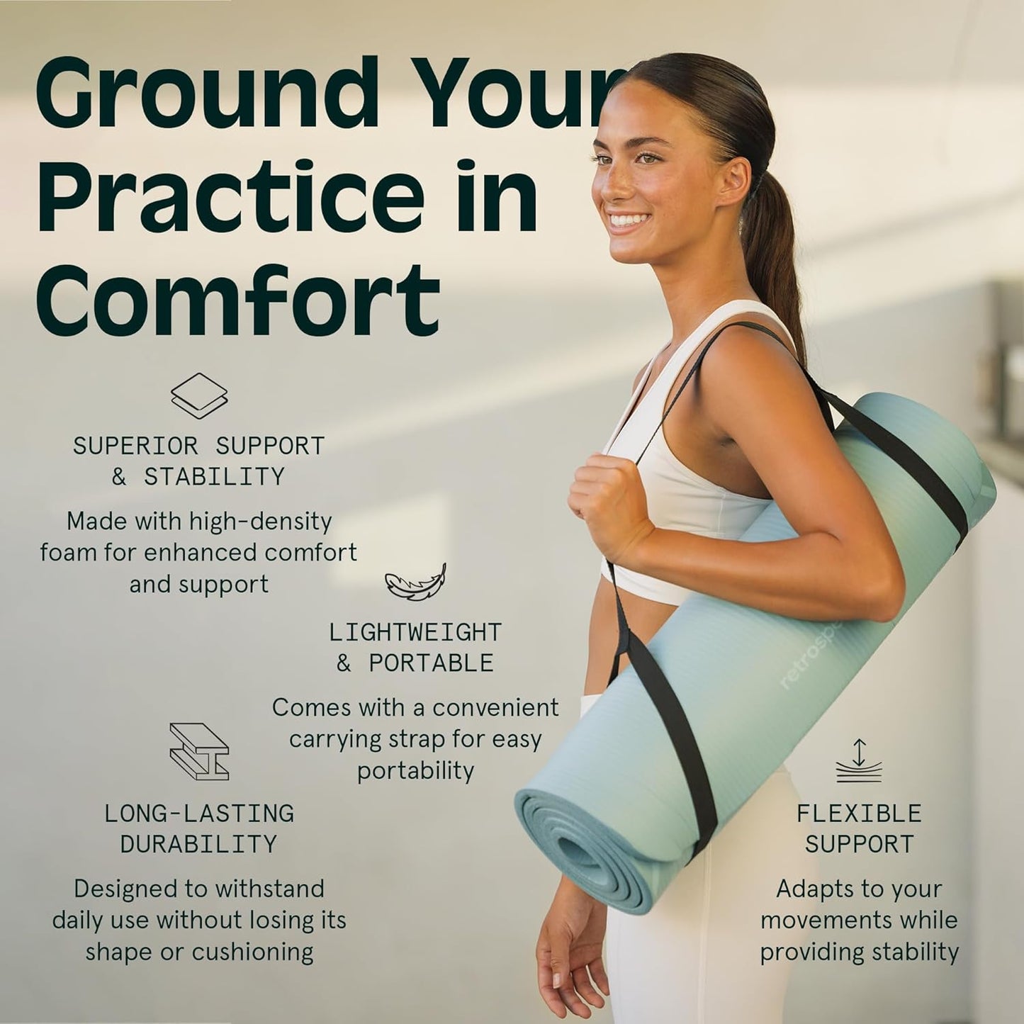 Retrospec Solana Yoga Mat - 1" Thick Non-Slip Exercise Mat with Nylon Strap for Home Workouts