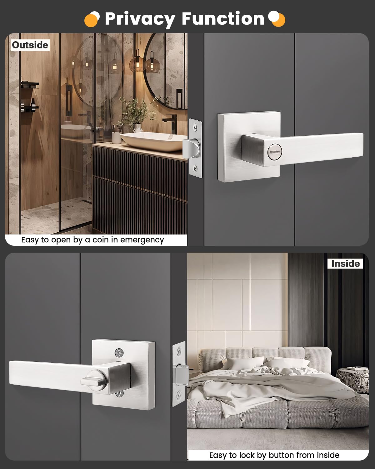 Gobrico Square 3 Pack Satin Nickel Privacy Door Locksets,Square Interior Door Levers for Bed/Bath,Thumb-Turn Button Inside