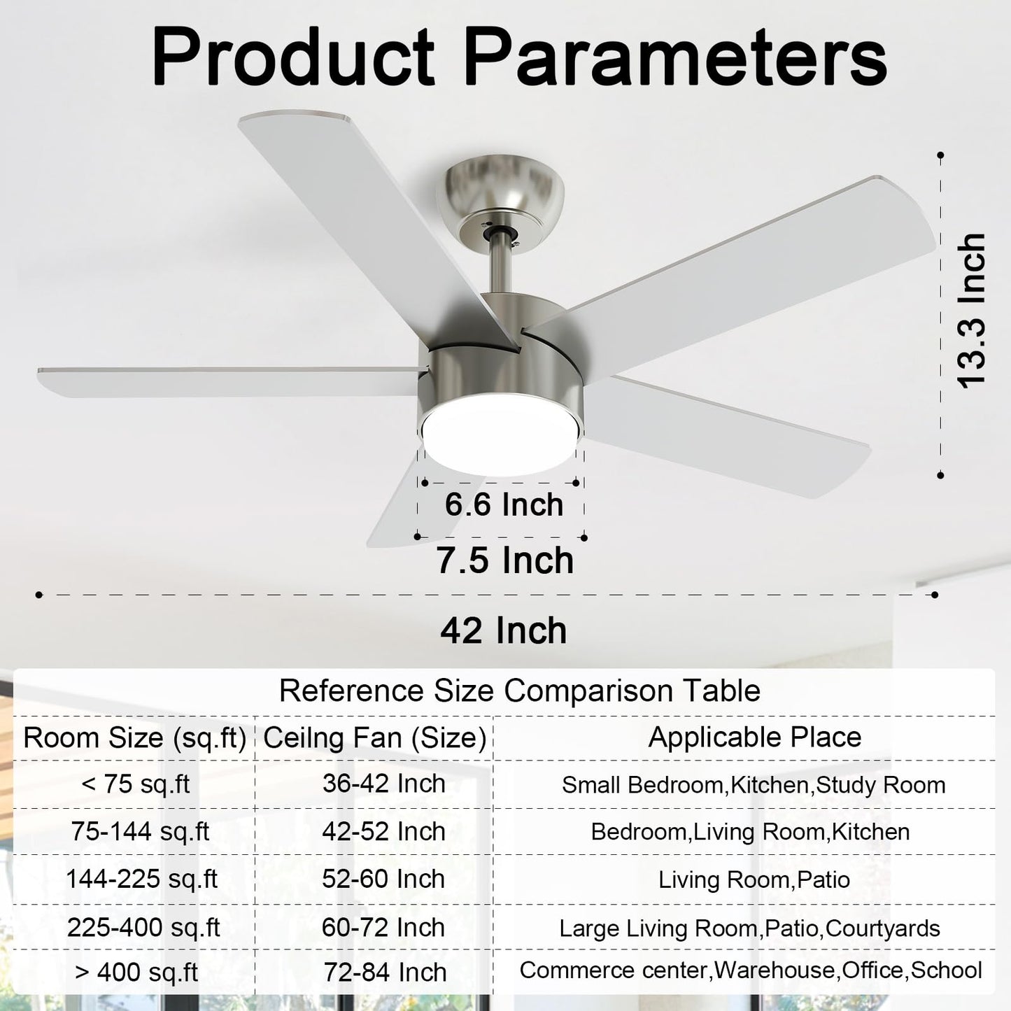 POCHFAN 42 Inch Brushed Nickel Ceiling Fans with Lights,Ceiling Fan with Remote Control,Reversible DC Motor,3 CCT 6-Speed,Noiseless Ceiling Fan for Bedroom,Living Room,Dining Room,ETL Listed