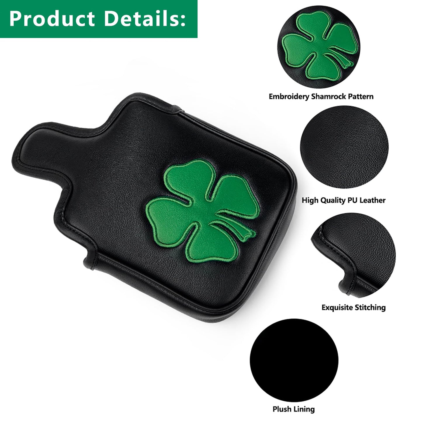 Gbourly Golf Club Lucky Shamrock Square Mallet Putter Cover Magnetic Heel Shaft PU Leather Headcover (Black Shamrock)