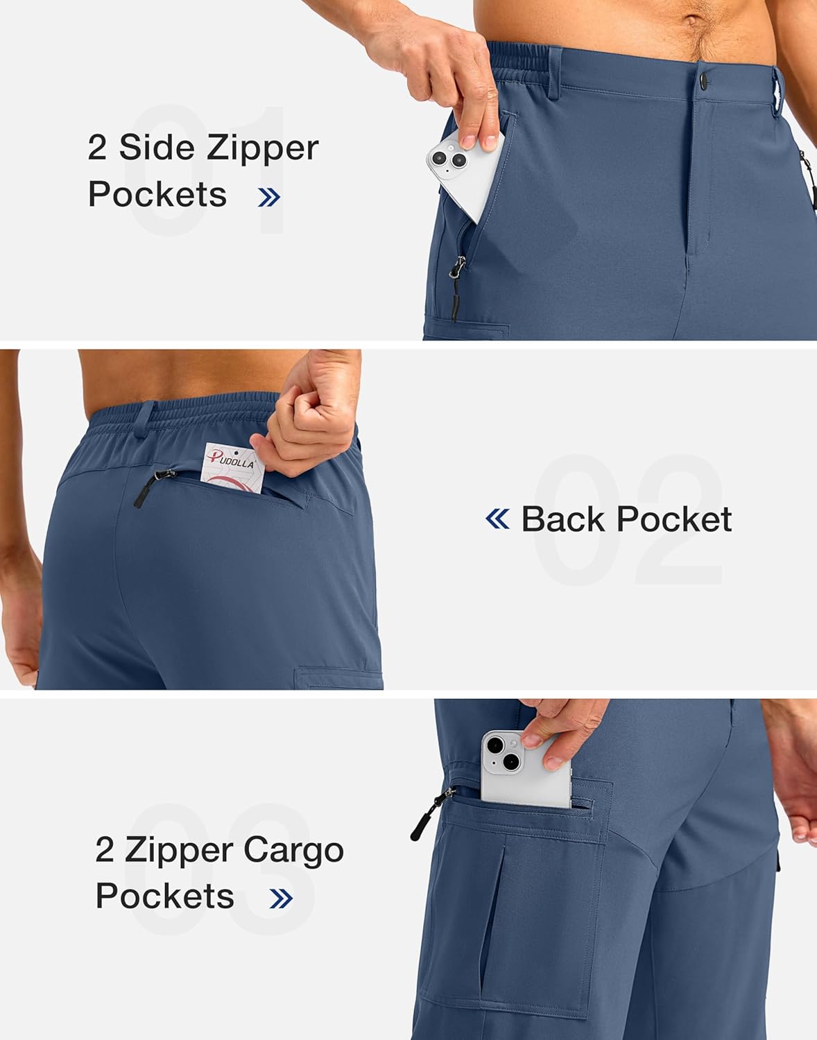 Pudolla Men's Hiking Cargo Shorts - Lightweight Outdoor Shorts with 5 Zipper Pockets | Available in 9"/7"/11" Sizes