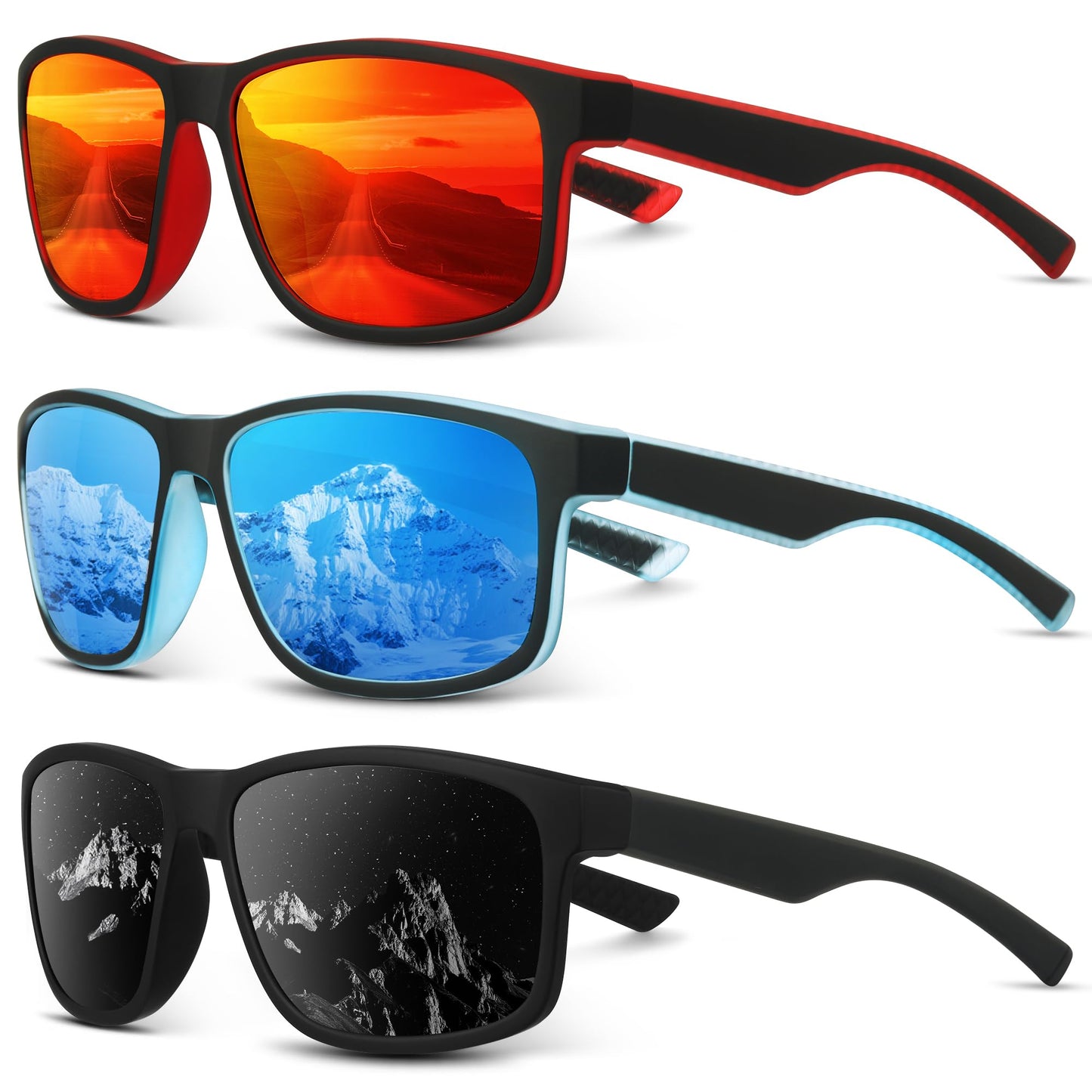 Foliful Square Polarized Sunglasses for Men and Women, Mens Sunglasses UV400 Protection with Lightweight Frame Sun Glasses for Driving Fishing, Grey/Red/Ice Blue