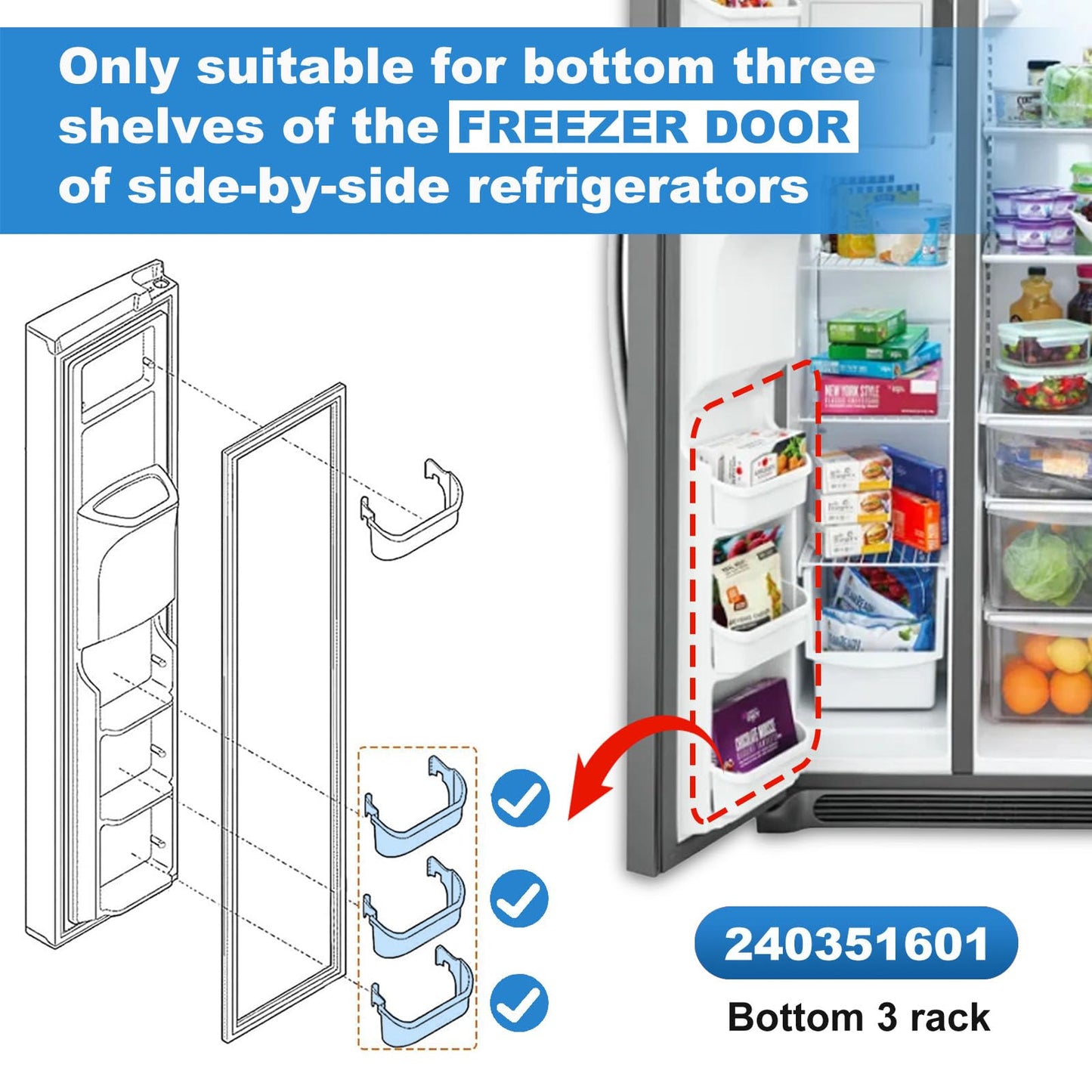 240351601 Refrigerator Freezer Door Bin Door Side Shelf Compatible with Kenmore Frigidaire Refrigerator