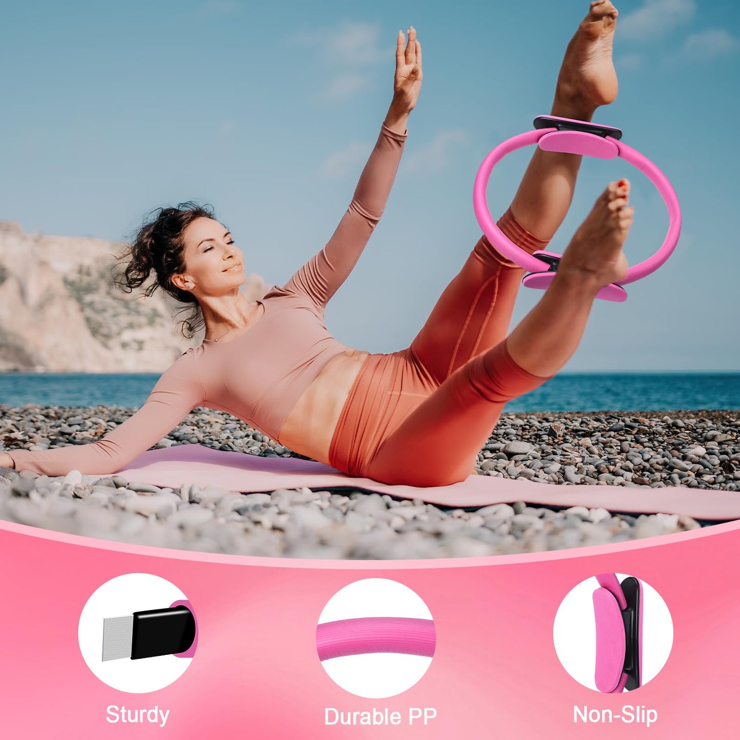 Poen 10 Pcs Pilates Ring Set Include 2.2lb *2 Dumbbells 10" Yoga Exercise Ball 12" Pilates Ring 5-40lb Resistance Bands Elastic Band and Drawstring Backpack Set for Women Home Workouts(Pink)