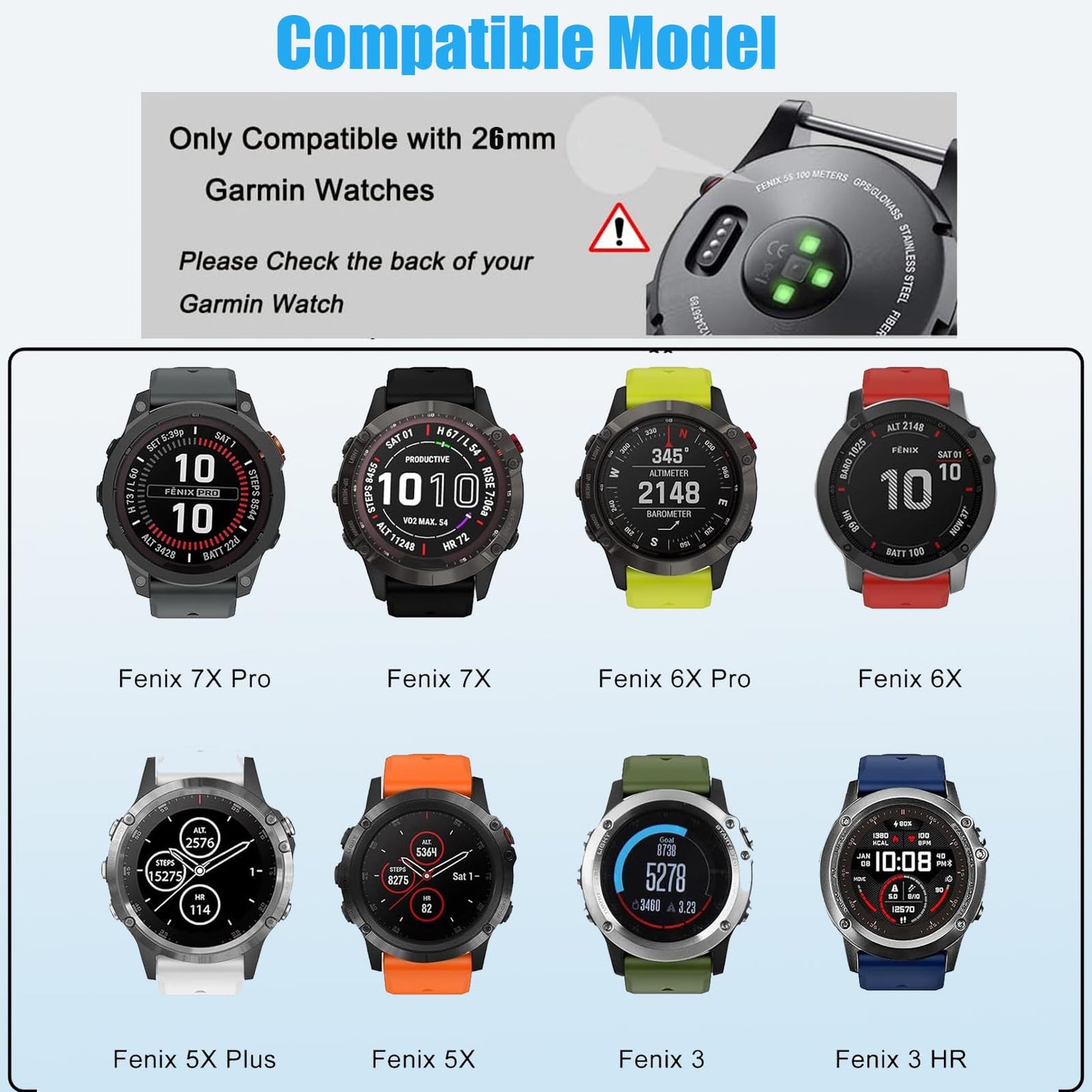 Waterproof Bands Compatible with Garmin Fenix 5X / Fenix 6X / Fenix 7X Watch Band, 26mm Soft Sports Replacement Wristbands for Fenix 7X Pro/Fenix 6X Pro/Fenix 5X Plus/Tactix Delta (Navy)