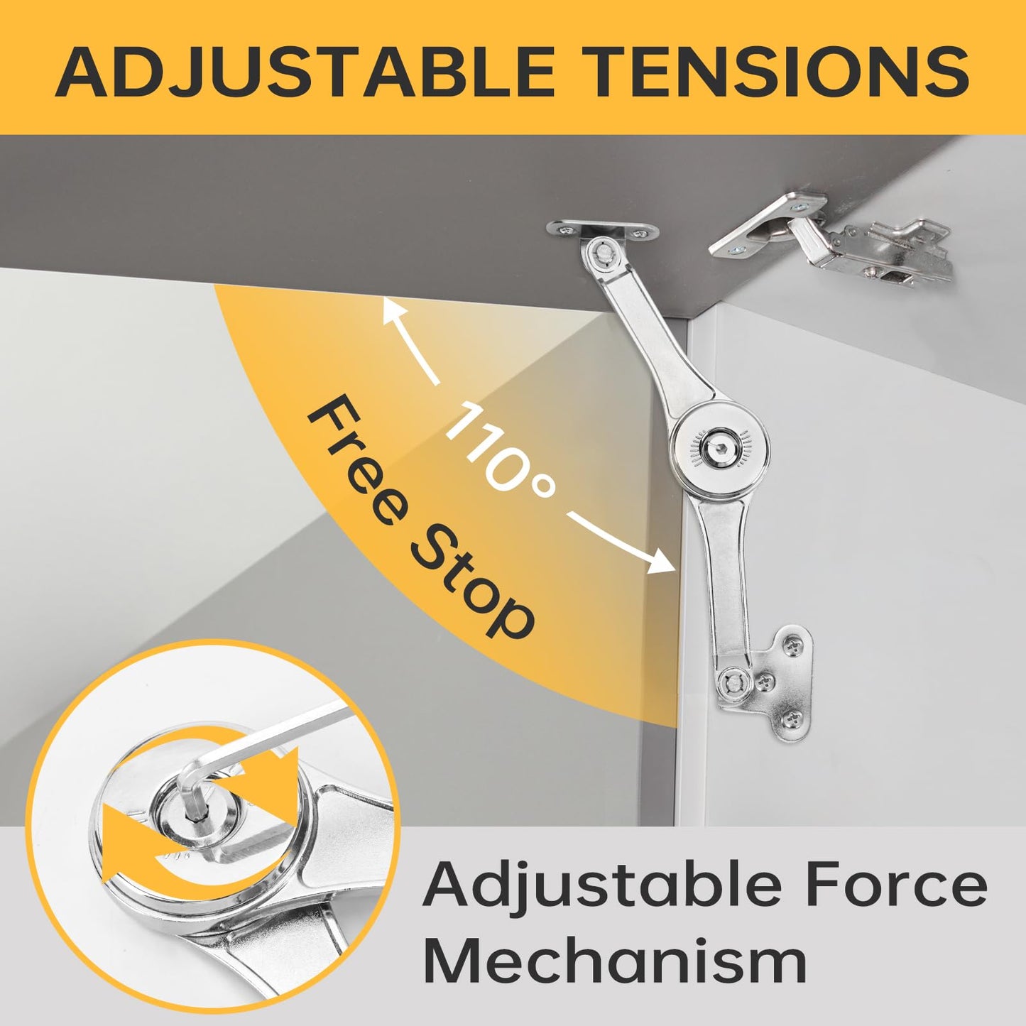 HBL' 2 Pack | Lid Support Hinges Heavy Duty Lid Stay Hinge – 110° Open Angle, Free Stop, Tension Adjustable, Supports Up to 50LBS for Upper Cabinets & RV Cabinets.