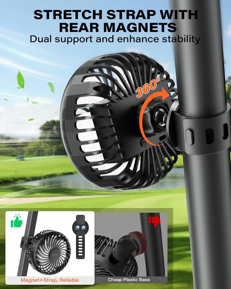 A2C 2-Pack Rechargeable Golf Cart Fan, Battery Operated Clip On Fan for EZGO Club Car Yamaha, 360° Rotating Portable Summer Cooling Fan, Golf Season Course Cart Essential Accessories for Outdoor (2)