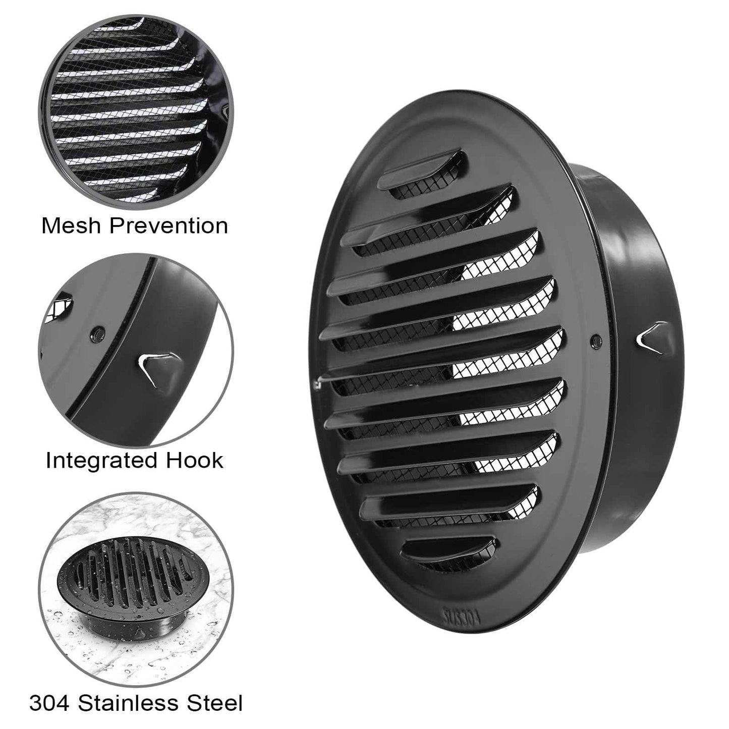 OGANAZI 2PCS 6 Inch Stainless Steel Air Vents Round Black Soffit Vent Cover Air Vent Flat Ducting Air Outlet with Built-in Fine Mesh for Kitchen, Bathroom, Garage, Office and Warehouse Ventilation